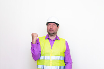 Thankful engineer celebrating, on a white background.
