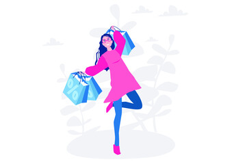 Big sale % Discount, happy woman with Shopping Bags, Vector illustration for web banner, infographics, mobile. 