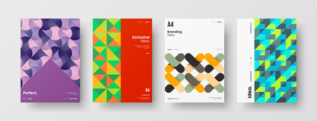 Fototapeta premium Company identity brochure template collection. Business presentation vector A4 vertical orientation front page mock up set. Corporate report cover abstract geometric illustration design layout bundle.