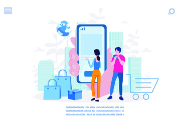 People shop online. E-commerce and online shopping. Vector illustration for web banner, infographics, mobile. Mobile shopping. 