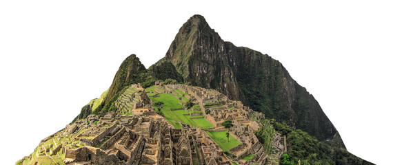 Machu Picchu (Peru, Zuid-Amerika) geïsoleerd op een witte achtergrond