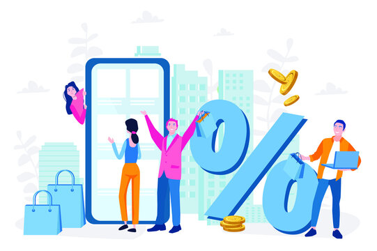 People shop online. Discount, E-commerce and online shopping. Vector illustration for web banner, infographics, mobile. Shopping in big city, All stores in your smartphone. 