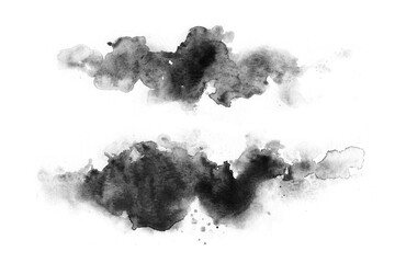Black watercolor stains on a white background. Abstract painting, naive art. Splashes of ink.