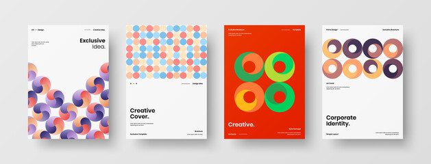 Fototapeta premium Company identity brochure template collection. Business presentation vector A4 vertical orientation front page mock up set. Corporate report cover abstract geometric illustration design layout bundle.