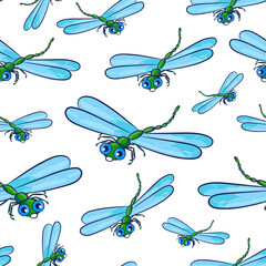 Cute cartoon dragonfly is flying. Seamless pattern.Illustration.Vector picture for children.