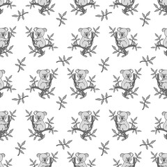Seamless pattern.Koala on a eucalyptus tree branches with leaves. Australian marsupial bear.
