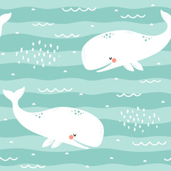 Walvis naadloos patroon, schattige cartoon achtergrond met blauwe golf