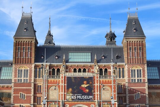 AMSTERDAM, NETHERLANDS - JULY 9, 2017: Exterior view of Rijksmuseum in Amsterdam. The museum has estimated 2.5 million annual visitors.