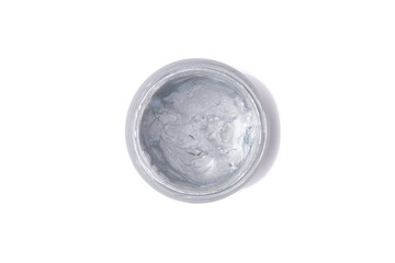 Jar of grey paint isolated on white background. Top view.