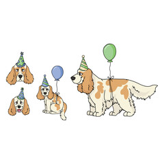 Cute cartoon cocker spaniel dog party set vector clipart. Pedigree kennel dog lovers. Purebred domestic puppy for balloon illustration mascot. Isolated canine English hunting. EPS 10. 