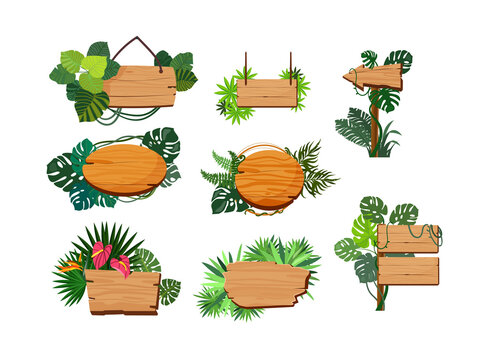 Jungle wooden boards set. Signpost panels with green tropical leaves, pointers and signs with copy space for text. Vector illustration for realistic online game templates, vacation or tourism concepts