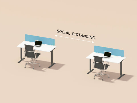 Social Distancing In Office Workstation.minimal Distancing Concept.3d Rendering