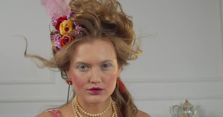 Portrait of a young pretty woman with 18th century makeup and hairstyle, 4k