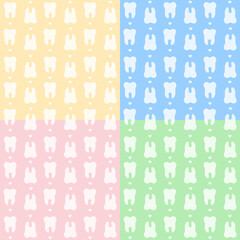 Teeth seamless pattern set in yellow, blue, pink and green colors. Repeated tooth with small hearts.