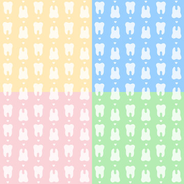 Teeth seamless pattern set in yellow, blue, pink and green colors. Repeated tooth with small hearts.