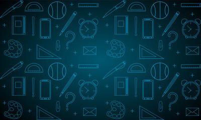 Seamless pattern on a school theme. Dark background with blue hand drawn doodle school accessories on the theme of 