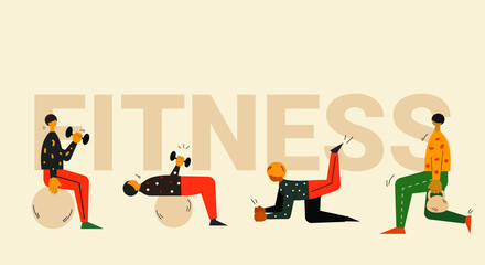 Four people working out together. Young people doing workouts. Gym and fitness workouts and exercises. Cardio exercises.  Gym workouts outdoor. Vector flat style illustration eps 10.