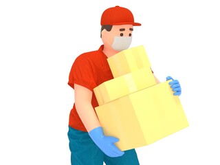 3D delivery man in protection mask with boxes