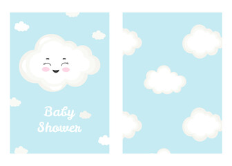 Vector illustration with cartoon smiling cloud and inscription "baby shower" and seamless pattern with clouds. For birthday or party invitation and so print design for pajamas, nursery poster.