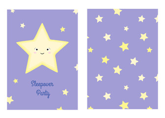 Vector illustration with cartoon smiling star and inscription "sleepover party" and seamless pattern with stars. For birthday or party invitation and so print design for pajamas, nursery poster.