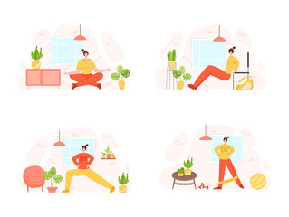 Women doing sport exercises at home. Indoor training or workout concept. Home activity for people health. Girls doing fitness in living room with simple equipment - vector illustration on white