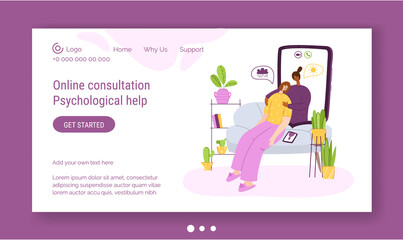 Psychological online services landing page template - distance support at home by internet. Psychologist individual helpful therapy session with upset people or web consultation - vector illustration