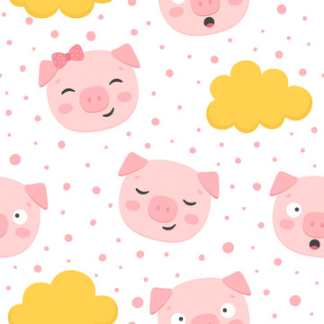 Pig Seamless Pattern Background, Scandinavian Happy cute pig, cartoon pig vector illustration for kids nordic background © Gabriel Onat
