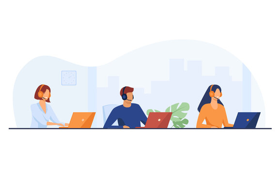 Customer support representatives working in call center. People in headset working at laptop in office flat vector illustration. Support service concept for banner, website design or landing web page