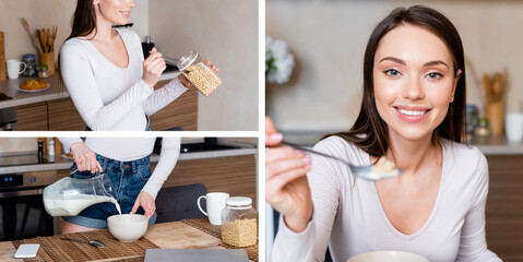 collage of happy girl holding spoon, container with corn flakes and pouring milk in bowl