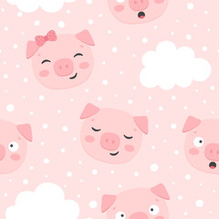 Obraz na płótnie Canvas Pig Seamless Pattern Background, Scandinavian Happy cute pig, cartoon pig vector illustration for kids nordic background