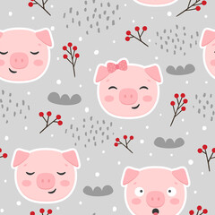 Pig Seamless Pattern Background, Scandinavian Happy cute pig, cartoon pig vector illustration for kids nordic background