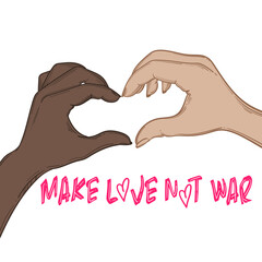 Vector illustration. Love concept represented by human hand and heart shape. Make love not war.