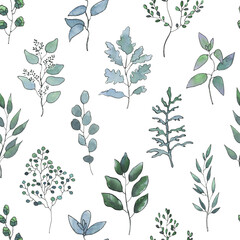 Greenery is a collection of high-quality hand-drawn watercolor patterns with leaves, plants boxwood in sketch and doodle style on white background
