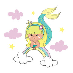 Beautiful illustration with a little mermaid on a rainbow and clouds on a white background for children