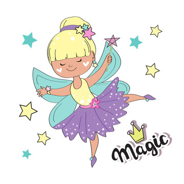 Beautiful little fairy girl and the inscription magic on a white background. Vector illustration for girls