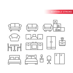 Furniture, home interior thin line vector icons. Bed, kitchen table, sofa, shelves outline set, editable stroke.