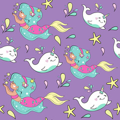Beautiful vector illustration with a little mermaid and unicorn whale on a lilac background seamless pattern for children. Concept summer and friendship. Birthday card © Lucky Project
