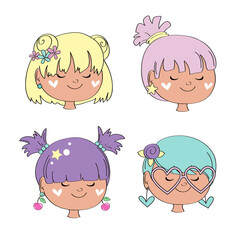 Cute heads of little girls with multicolored hair on a white background for children