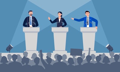 Politicians are discussing on stage. Debates concept. Candidates speech in front of the crowd people. Flat vector illustration.
