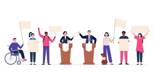 Political meeting with candidates. Pre-election campaign concept. Multinational people with support banners. Man and woman voters. Flat vector illustration.