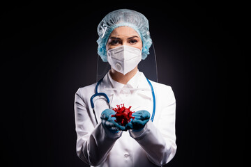 Photo of serious lady doc hold arms covid bacteria dangerous mutation transmission vaccine research...