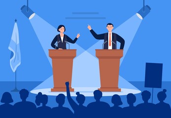 Man and woman candidates are discussing on stage. Debates concept. Candidates speech in front of the crowd people. Flat vector illustration. - obrazy, fototapety, plakaty