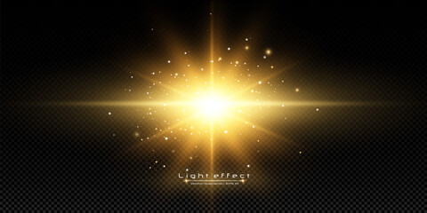 Shining golden stars isolated on black background. Effects, glare, lines, glitter, explosion, golden light. Vector illustration