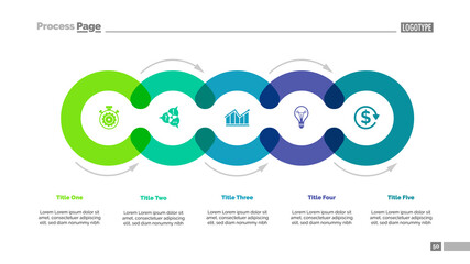 Cycle diagram with five elements. Circular infographics, process chart, layout. Creative concept for presentation, project, report. Can be used for topics like business, strategy, startup.