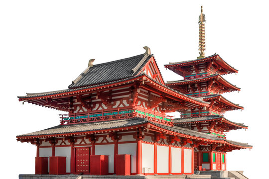 Shitennoji Temple, a Buddhist temple in Osake (Japan), isolated on white background