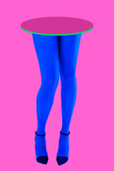 Sexy woman legs in neon tights and shoes with high heels over acid color background. Webpunk, vaporwave and surreal art. Funny modern art collage in magazine style, pop art collection, zine culture.