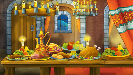 Cartoon fairy tale scene with castle room with the table full of food - illustration
