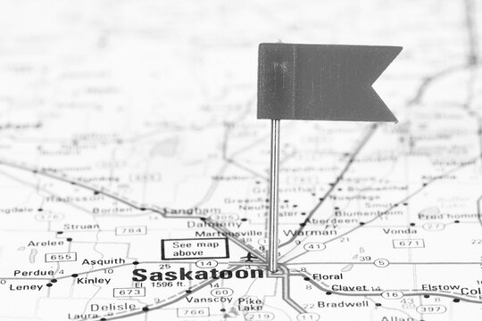 Saskatoon On Map. Black And White Vintage Style.