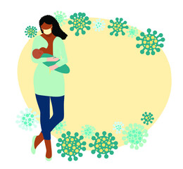 Dark-skinned African woman breastfeeding a baby. Lactation during the coronavirus pandemic background. Covid-19 molecules around mother in medical mask.