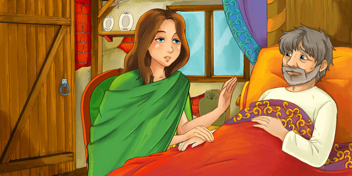 cartoon scene with farm house beautiful girl daughter and sick father - illustration